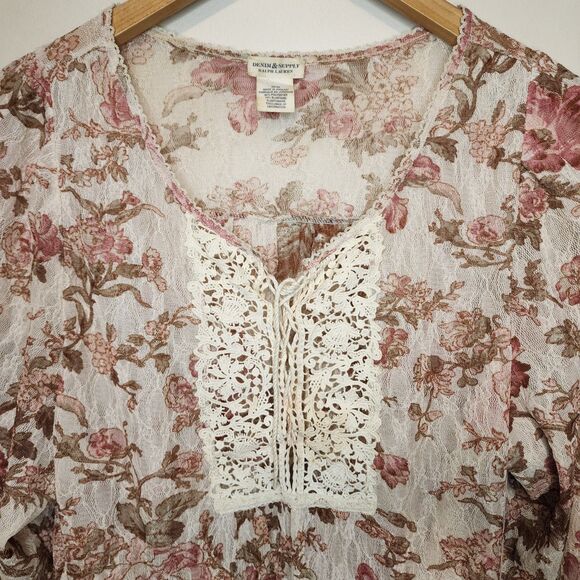 Ralph Lauren Denim Supply Crochet Lace Floral Y2K Peasant Top Womens Medium - Picture 2 of 12